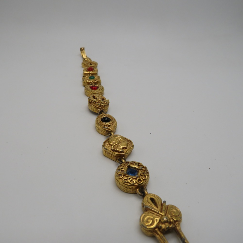 Vintage Gold Tone Multi Color Bead Charm Link Bracelet 7 Inch Ornate Boho - Picture 8 of 11